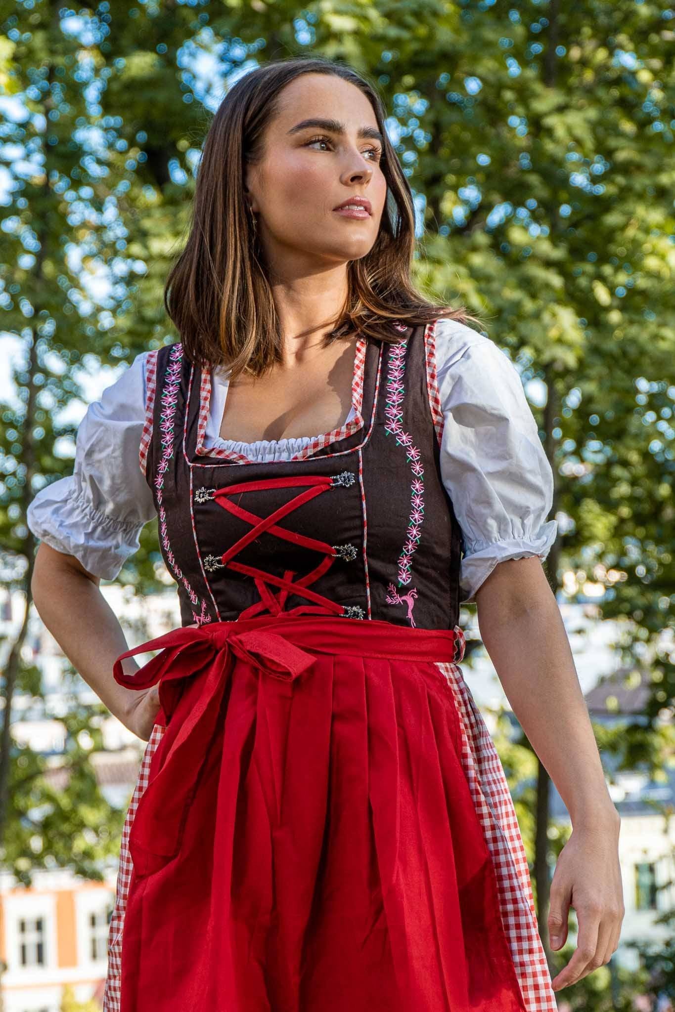 Julia Dirndl • Brun og Rød • Bomull • Broderi