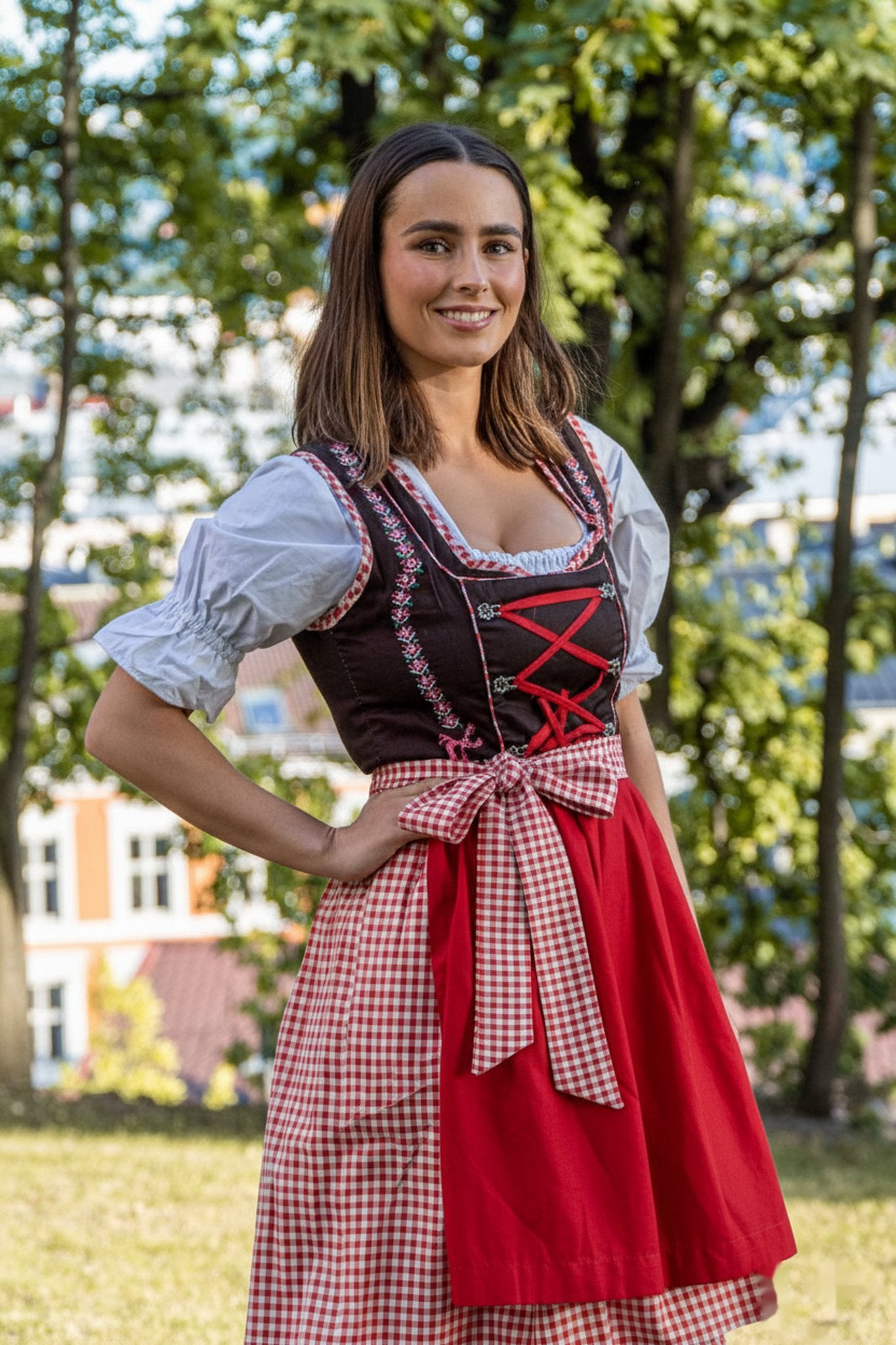 Mia Dirndl • Brun og Rød • Bomull • Broderi
