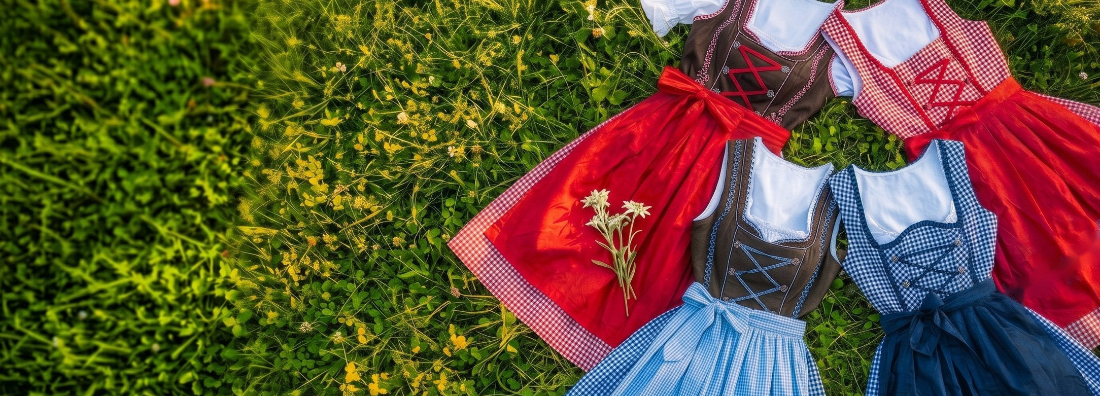 Fargerike dirndl-kjoler ligger pent pyntet i gresset
