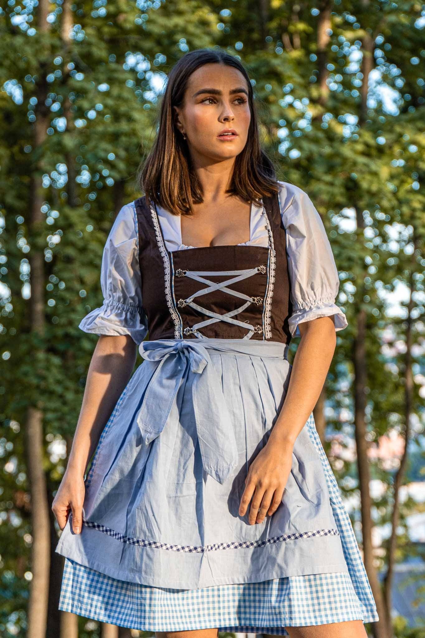 Birgit Dirndl • Brun og Lys Blå • Bomull • Hvite Detaljer