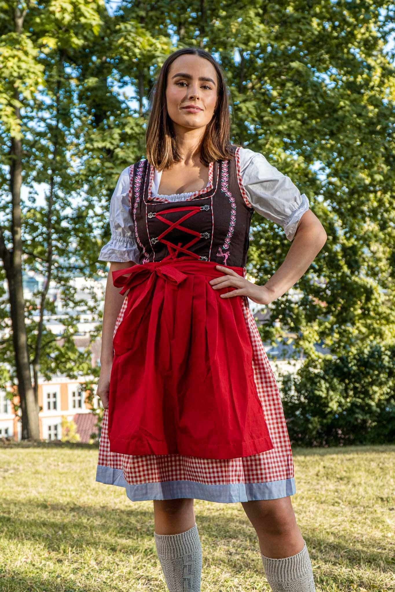 Julia Dirndl • Brun og Rød • Bomull • Broderi