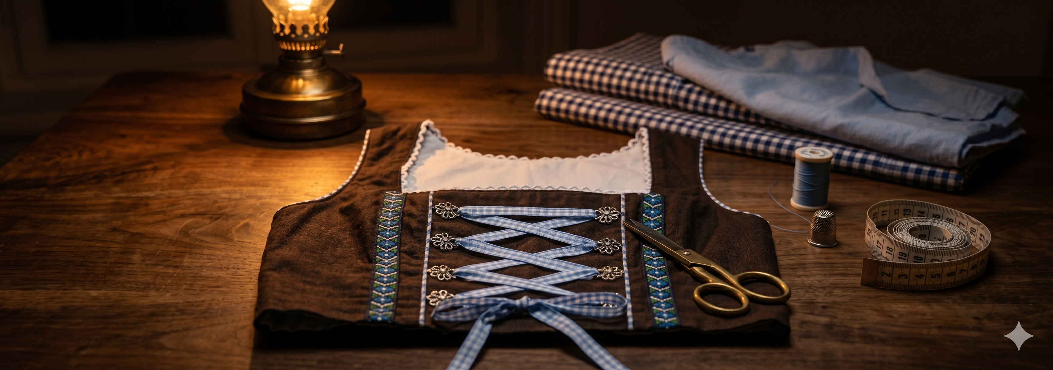 Dirndl ligger på et bord med sysaker ved siden av